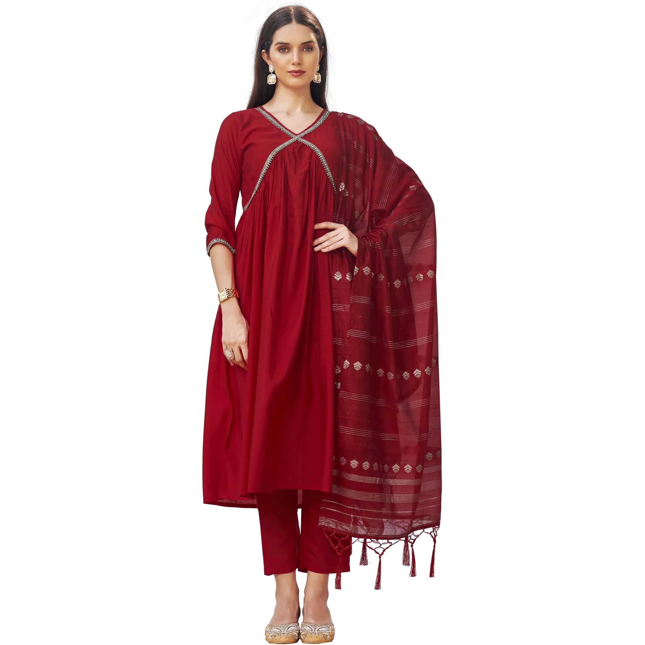 Womanista Women's Red Alia Cut Stone Work Kurtaset With Dupatta(Kurtaset_1184B_S)
