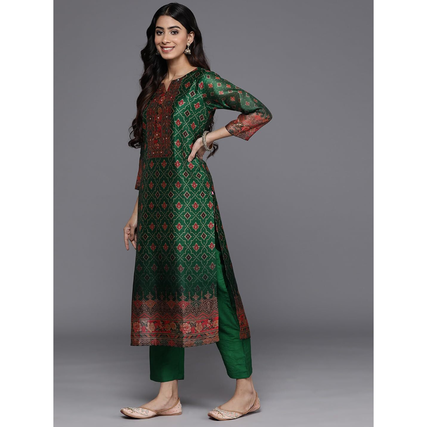 Varanga Women's Chanderi Regular Kurta Set (Nv_Vskd31238_Green