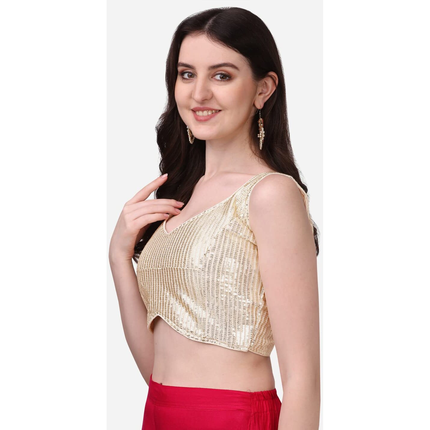 Vihu Fashion Women's Multicolor Sweetheart Neck Georgette Line Soft Sequence Zari Work Sleeves Readymade Saree Blouse (Cream, 38)
