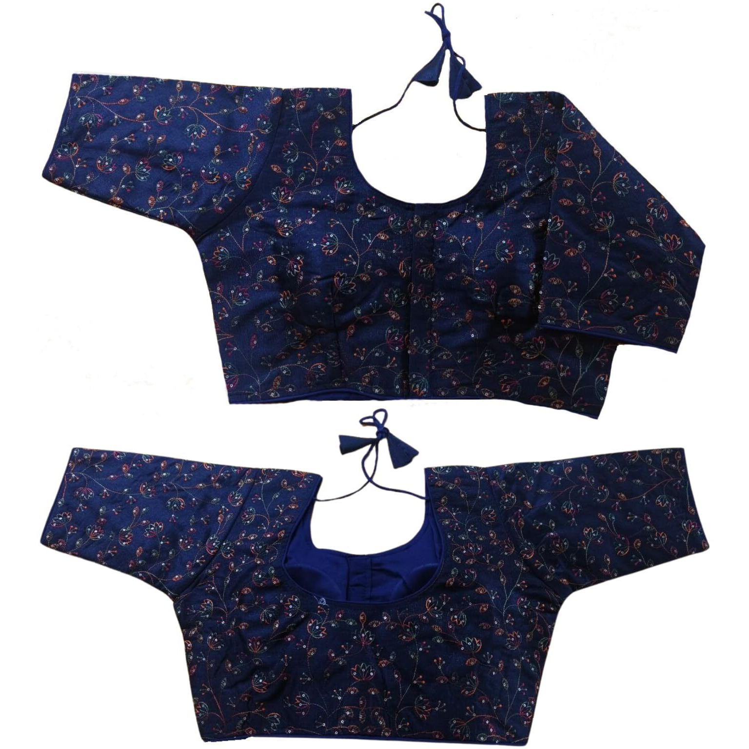 Vihu Fashion Women's Sequence Multi Embroidered U Neck Half Sleeve Readymade Saree Blouse Indian Ethnic Designer Stitched Women's Readymade Blouse Readymade Navy Blue Blouse For Women