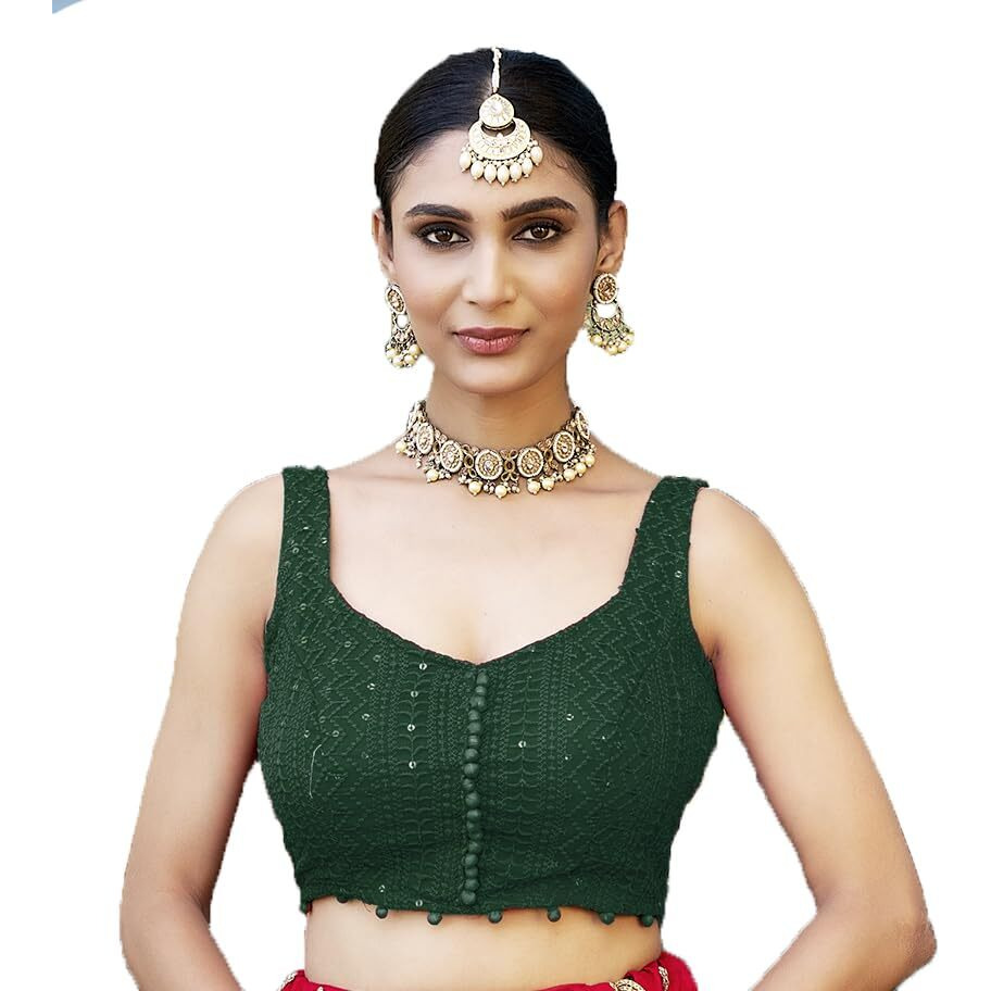 Vihu Fashion Women's Georgett Floral Sleeveless Regular Blouse (Vf B Lucknowi 3 Green 38