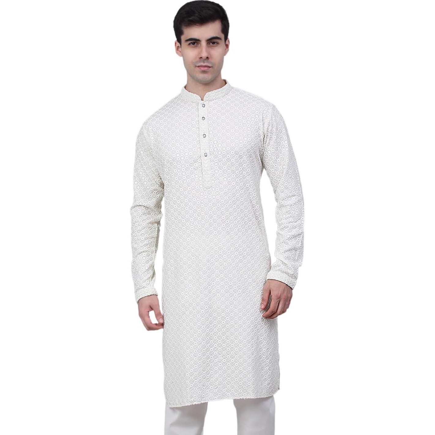 Jompers Men's Chikankari Embroidered And Sequence Kurtas (White, S)