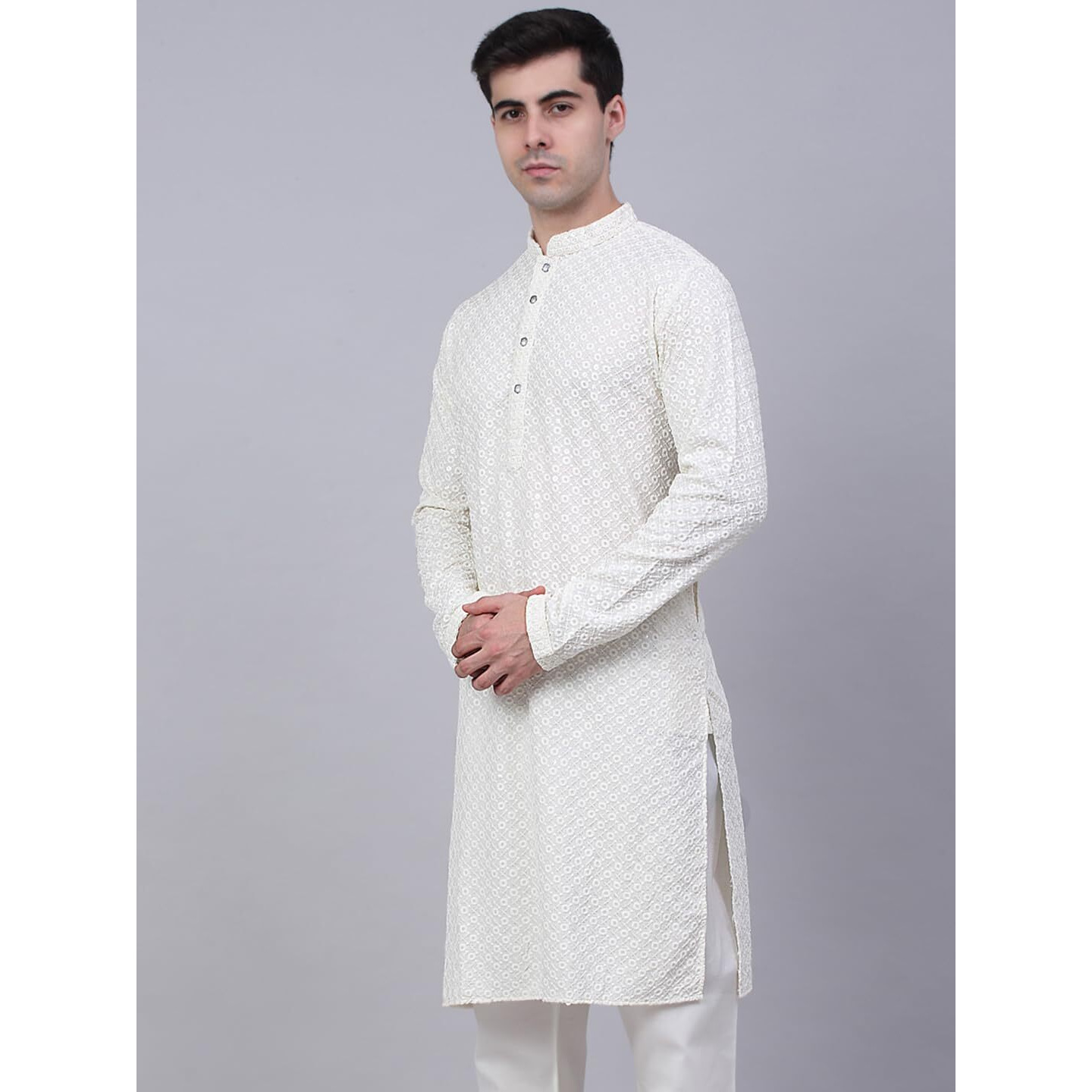 Jompers Men's Chikankari Embroidered And Sequence Kurtas (White, S)