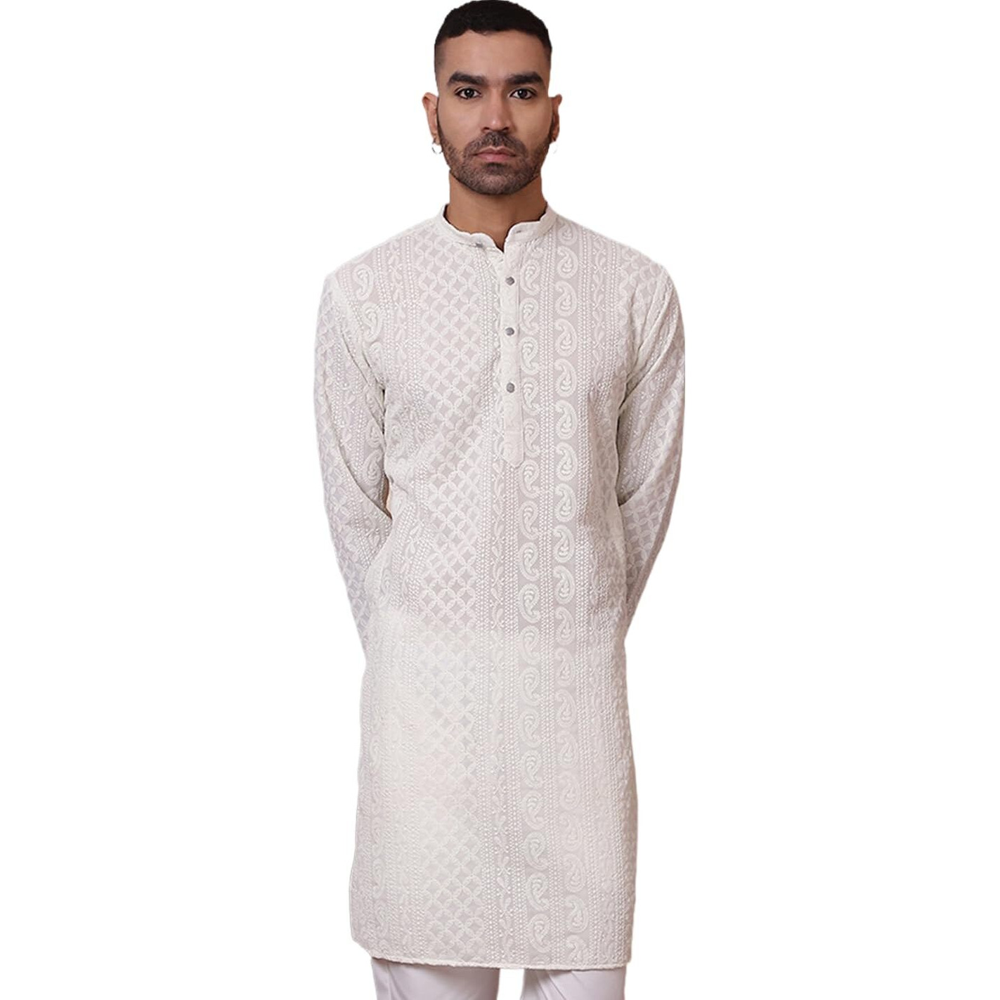 Jompers White Chikankari Embroidered Kurtas For Men. (White, S)