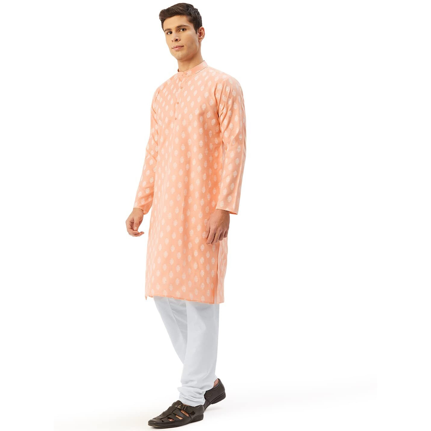 Jompers Men's Cotton Floral Printed Kurta Pyjama Set. (Peach, S)