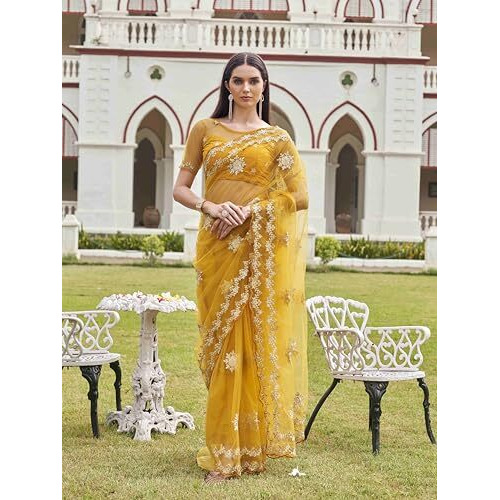 Womanista Women's Women Net Saree Ll Women Embroidered Saree Ll Women Yellow Saree Ll Un-Stitched Blouse Saree