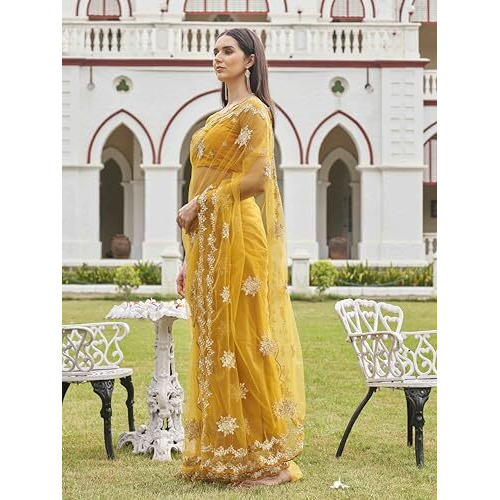 Womanista Women's Women Net Saree Ll Women Embroidered Saree Ll Women Yellow Saree Ll Un-Stitched Blouse Saree