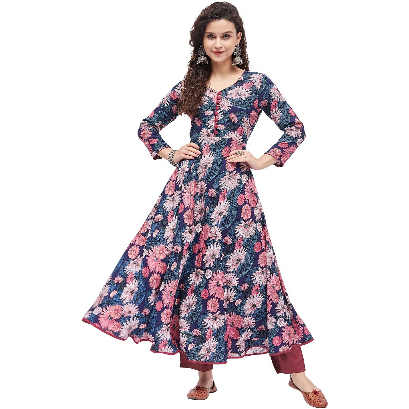 Tissu Women's Rayon Blue & Pink Floral Printed A-Line Kurta 2206_Blue_M
