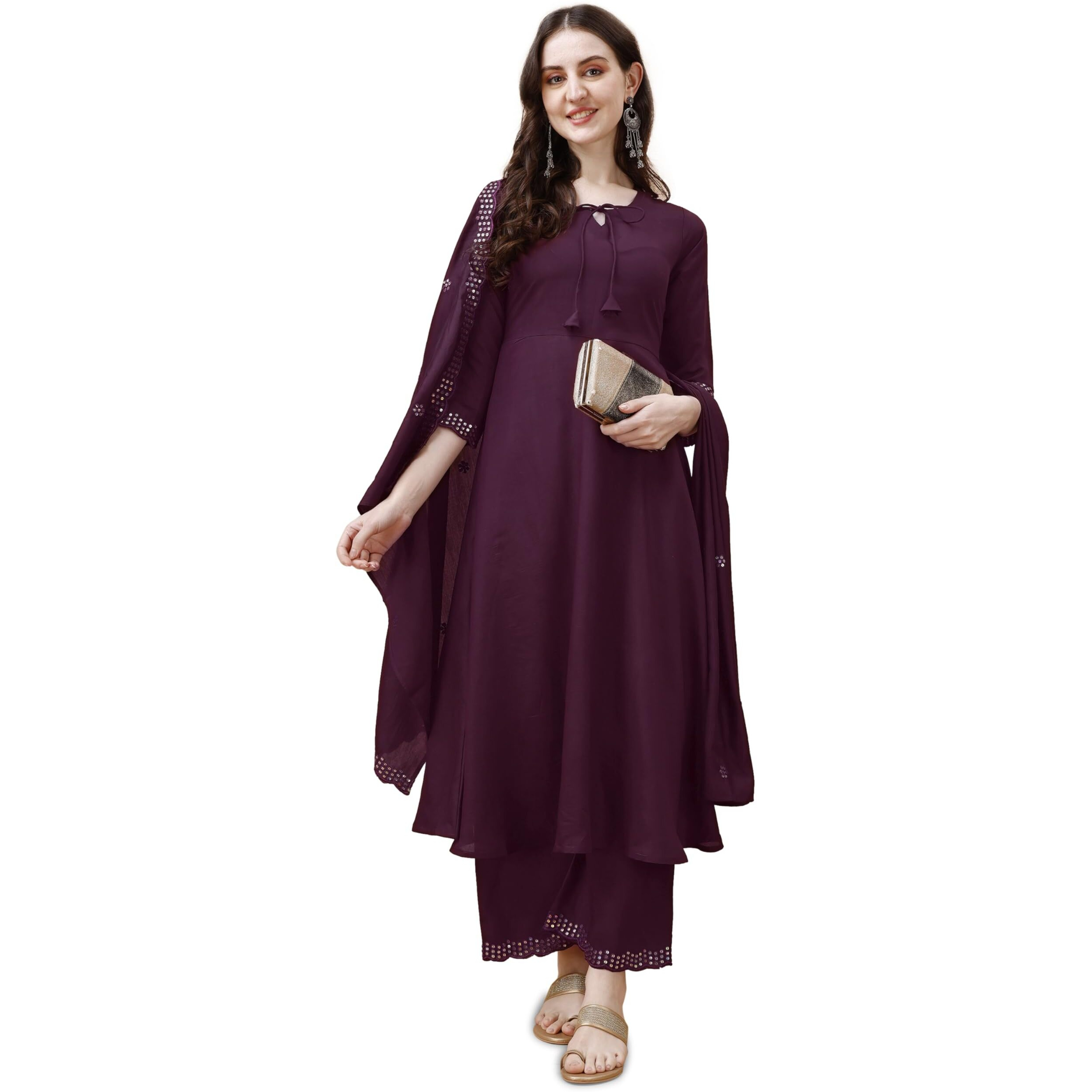 Pratham Blue Women's Chanderi Silk Embroidered Anarkali Kurta With Palazzos And Dupatta (Pb-6093-S_Purple)