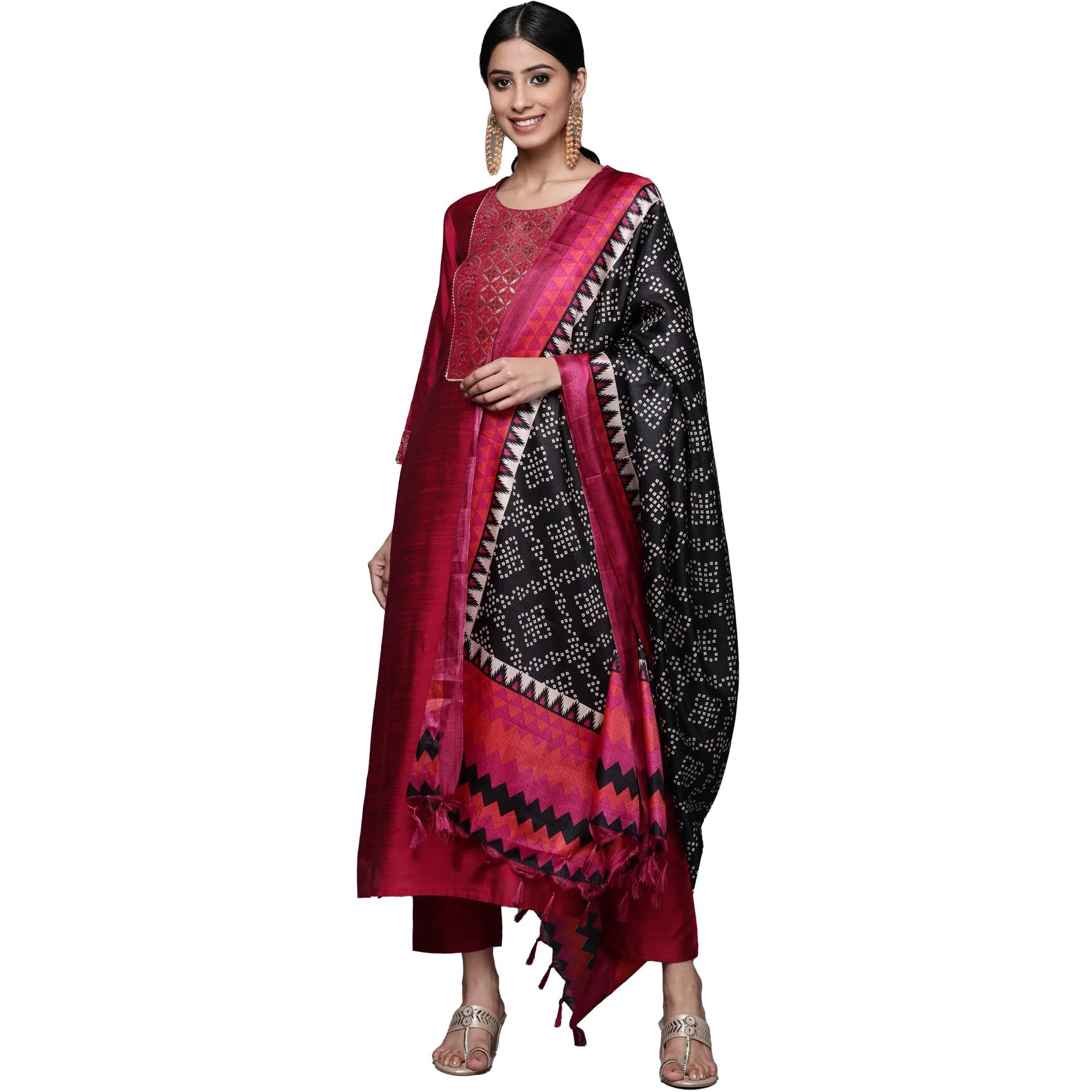 Varanga Magenta Silk Kurta Set For Women  Elegant Woven Yoke, Gota Embellishment, Elasticated Trouser, Side Slits  Stylish & Comfortable Ethnic Wear (Medium)