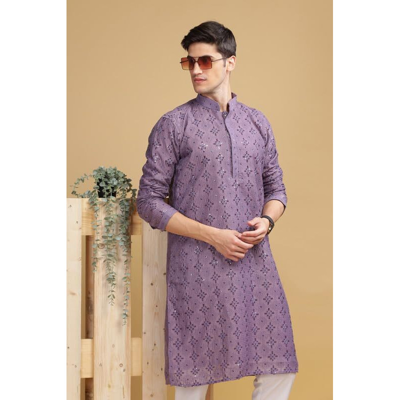 Be Active Men's Traditional Embroidered Lucknowi Design Full Sleeves Kurta || Cotton Kurta For Men || Men Kurta For Wedding || Kurta For Men (Sk0801 1 M) Purple