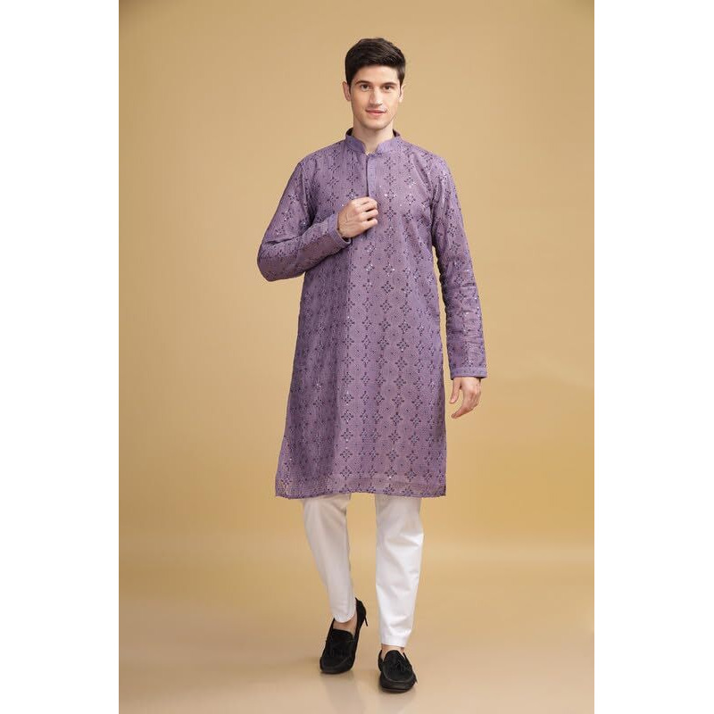Be Active Men's Traditional Embroidered Lucknowi Design Full Sleeves Kurta || Cotton Kurta For Men || Men Kurta For Wedding || Kurta For Men (Sk0801 1 M) Purple