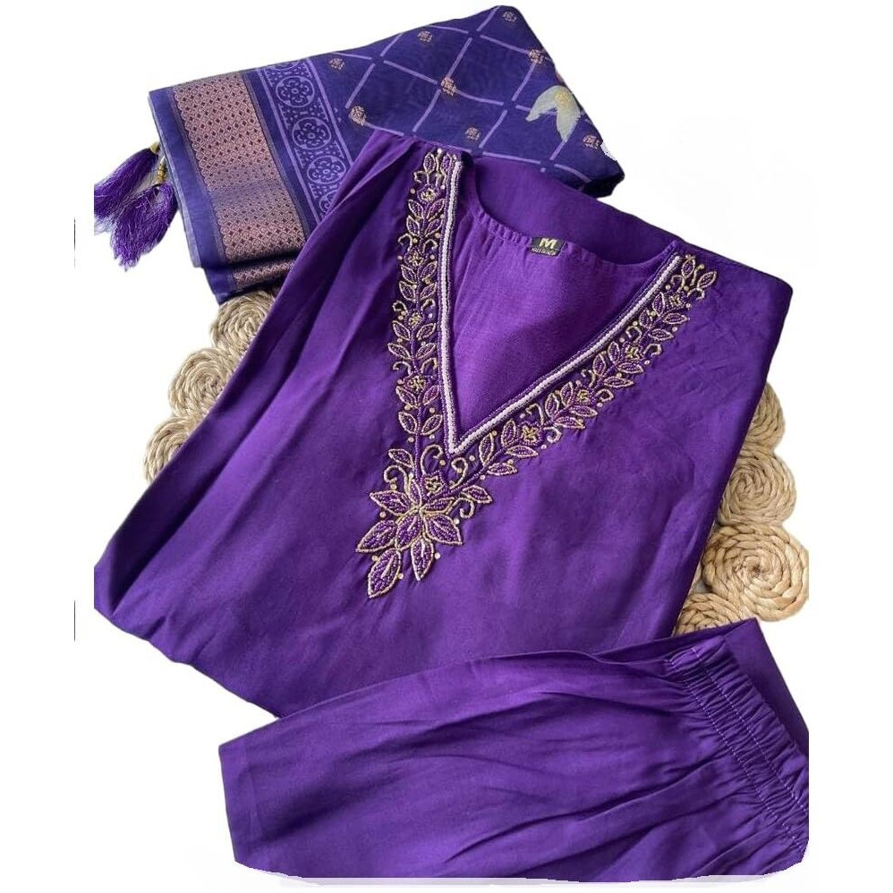 Xomantic Fashion Cotton Silk Purple Color Kurta Pant Set With Dupatta (In, Alpha, L, Regular, Purple)