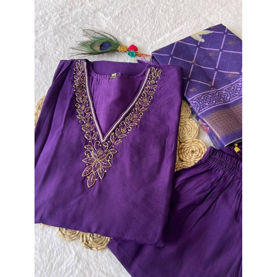 Xomantic Fashion Cotton Silk Purple Color Kurta Pant Set With Dupatta (In, Alpha, L, Regular, Purple)