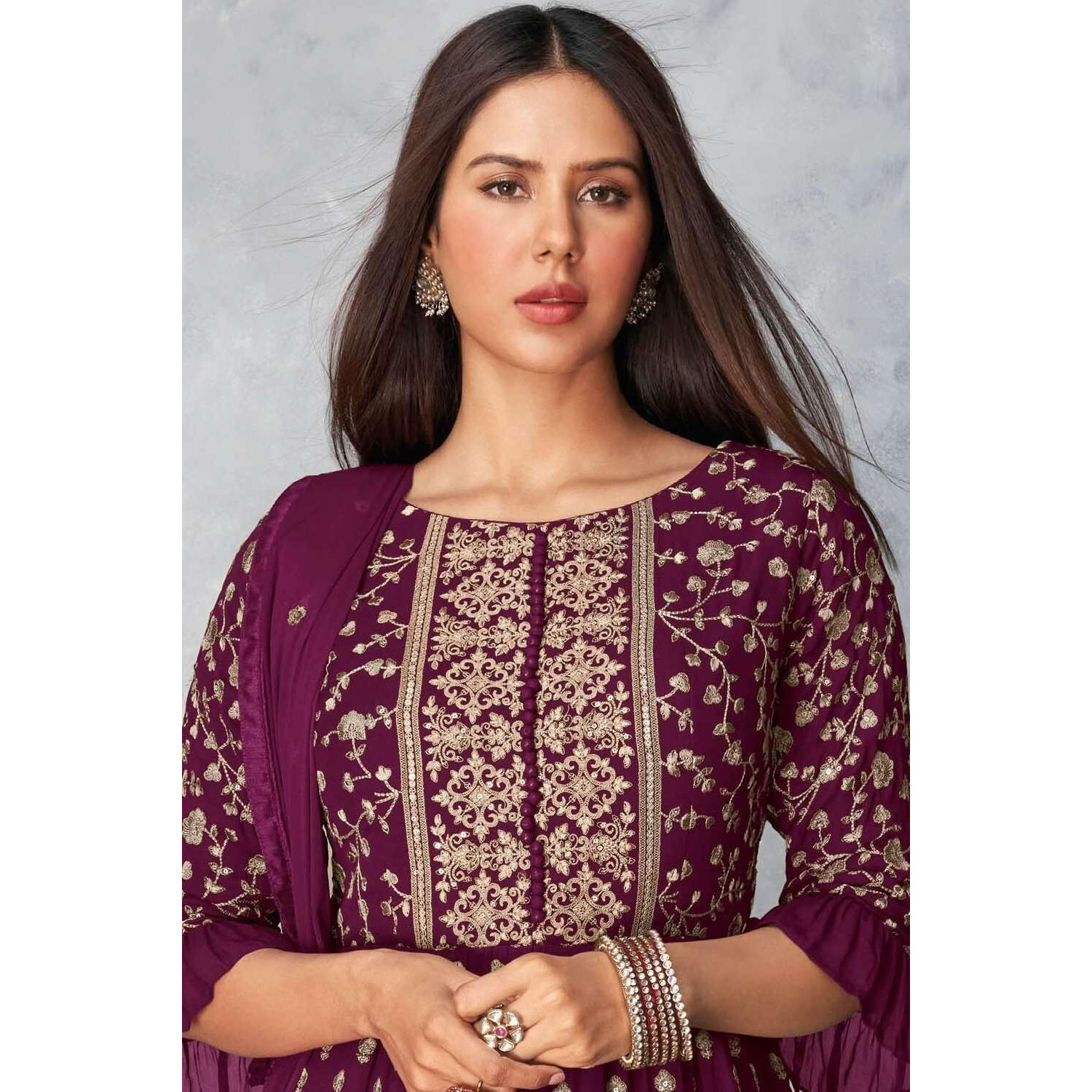 Xomantic Fashion Magenta Georgette Embroidered And Resham Work Designer Salwar Kameez (Large, Wine)