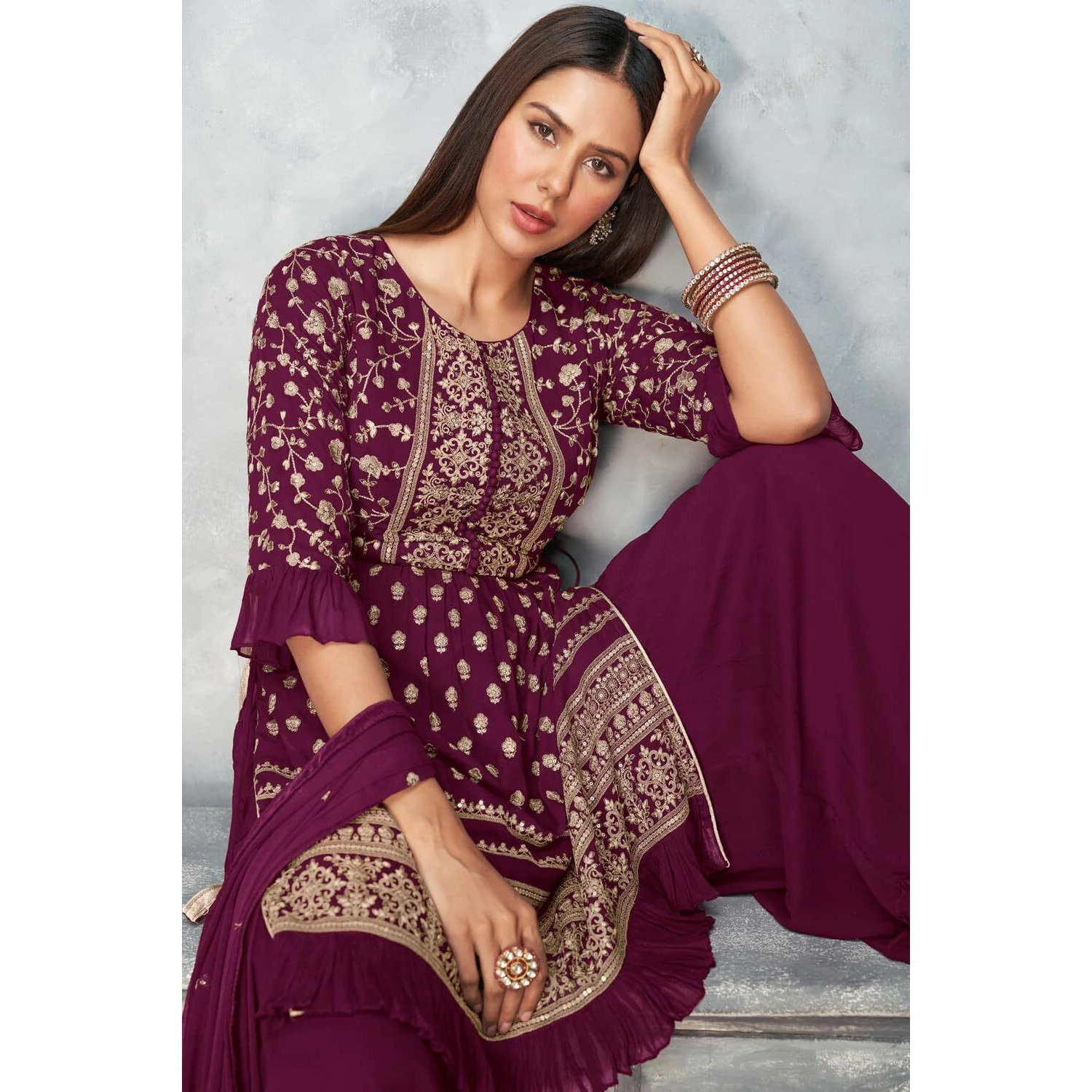 Xomantic Fashion Magenta Georgette Embroidered And Resham Work Designer Salwar Kameez (Large, Wine)