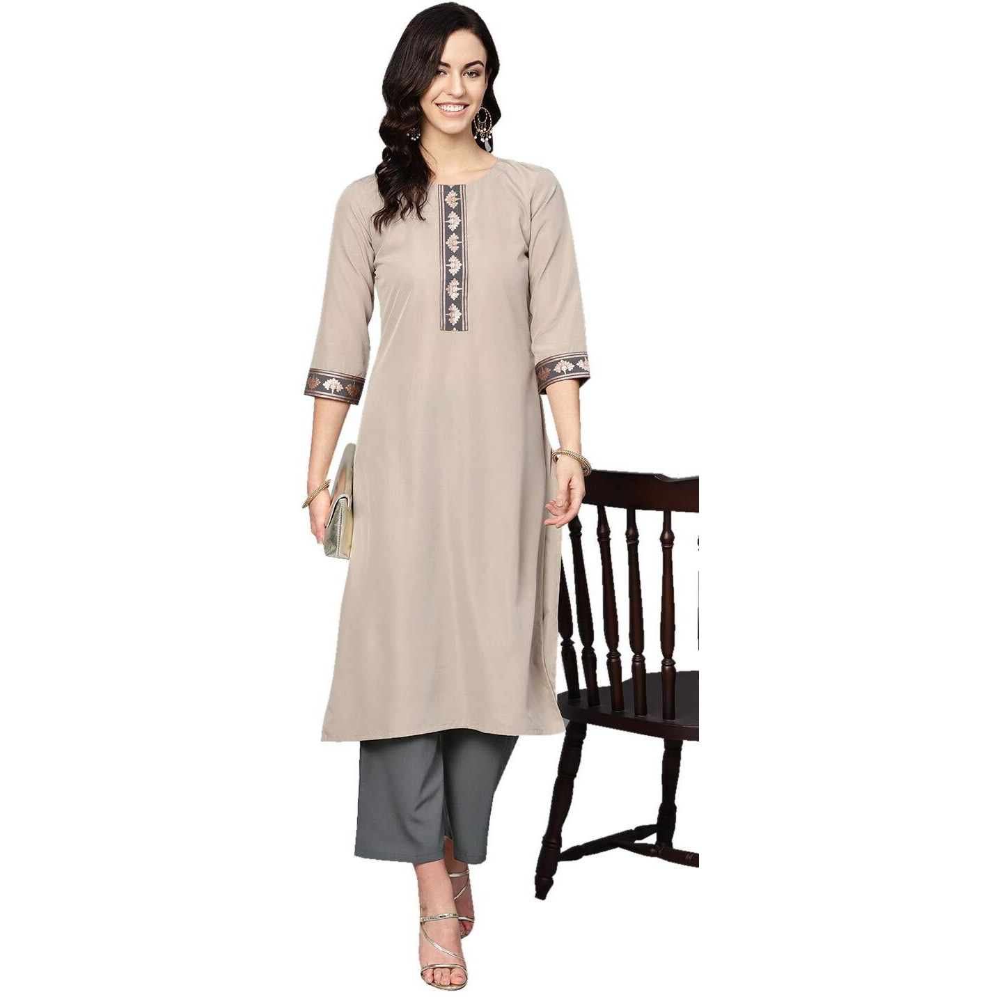Ziyaa Women's Crepe Straight Fit Kurta (Zikucr2806-Xl_Beige_X-Large)