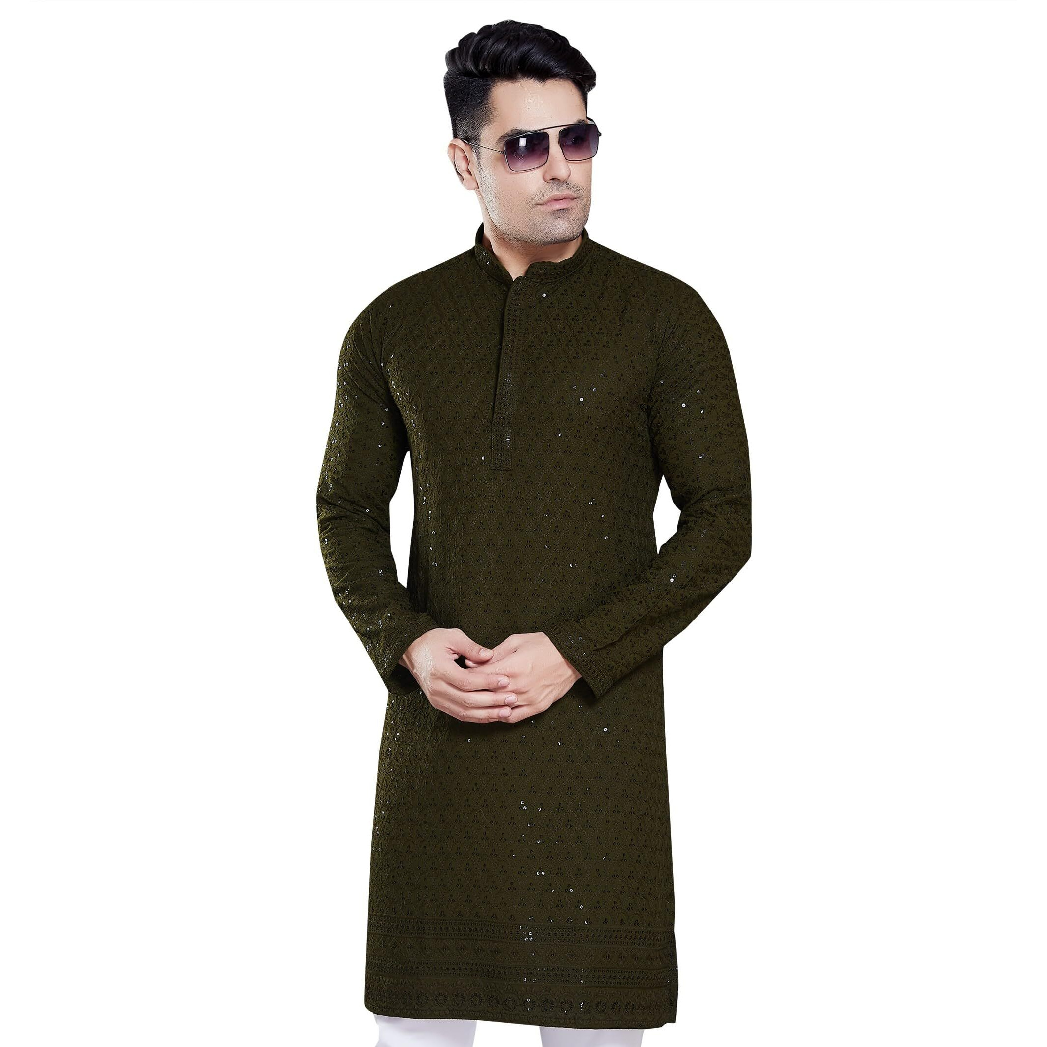 Divisive Men's Sequince Embroidered Cotton Blend Only Slim Fit Kurta (Dkrt107_M_Mehendi Green)