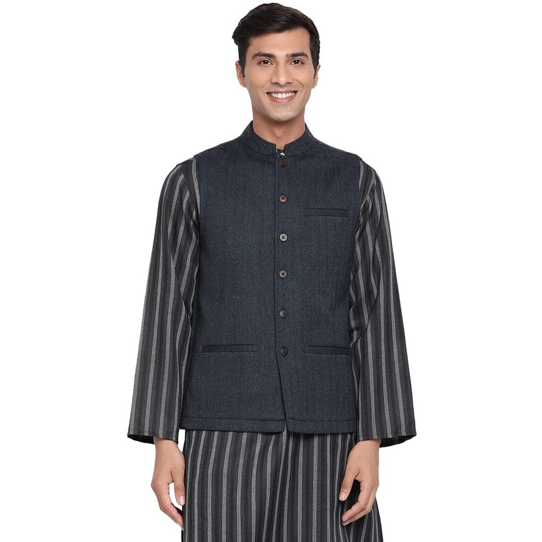 Fabindia Men's Blue Wool Woven Nehru Jacket (102719302_Darkblue
