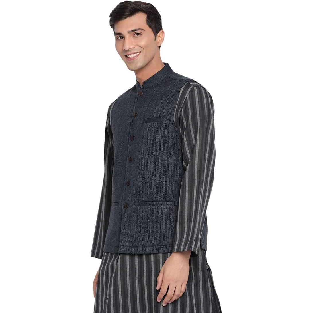 Fabindia Men's Blue Wool Woven Nehru Jacket (102719302_Darkblue