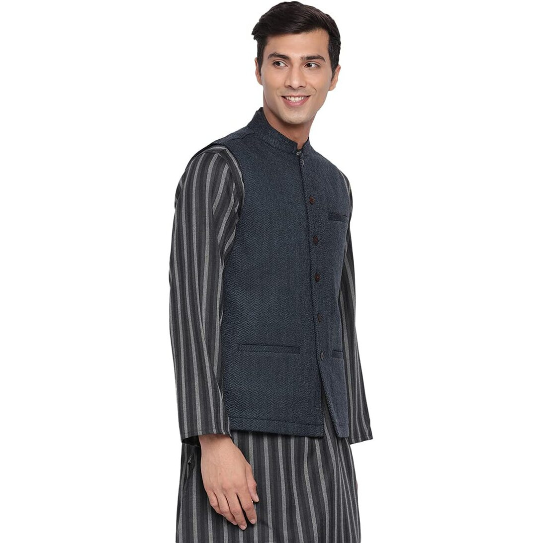 Fabindia Men's Blue Wool Woven Nehru Jacket (102719302_Darkblue