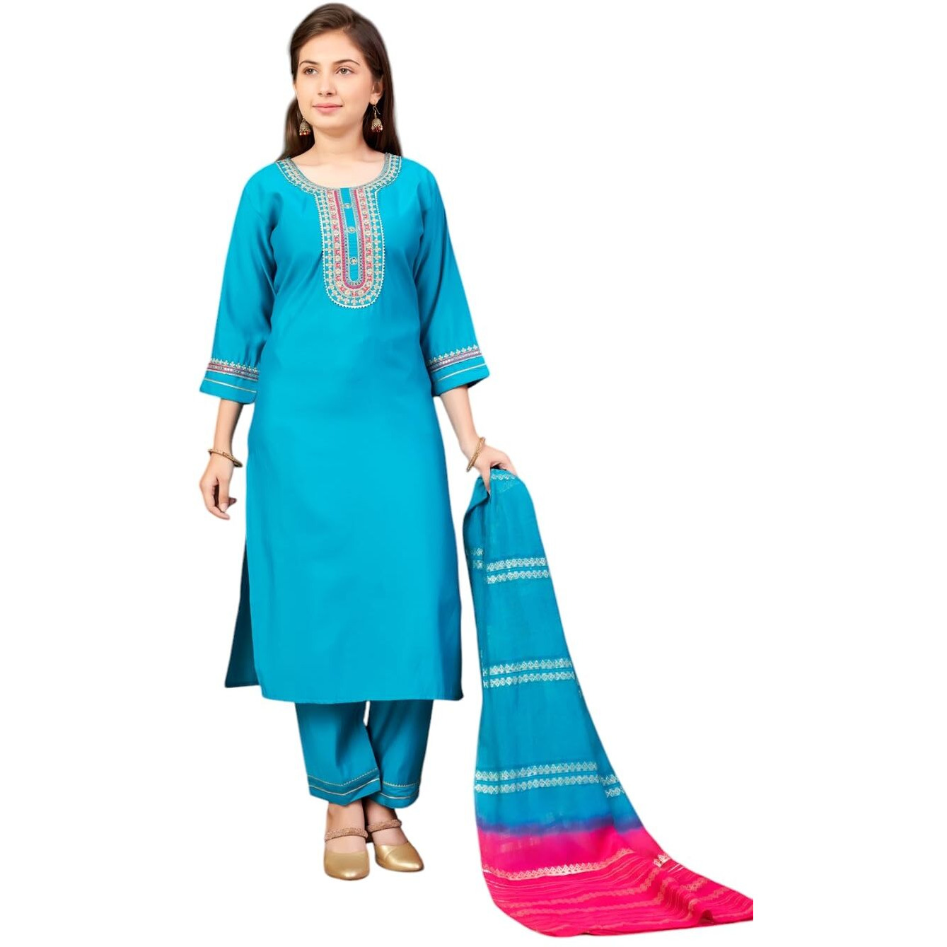 Aarika Girls Ethnic Wear Turqouise Colour Sequin Embroidery Silk Kurti Pant Set-10-15 Years (Kp-Sd-6001)