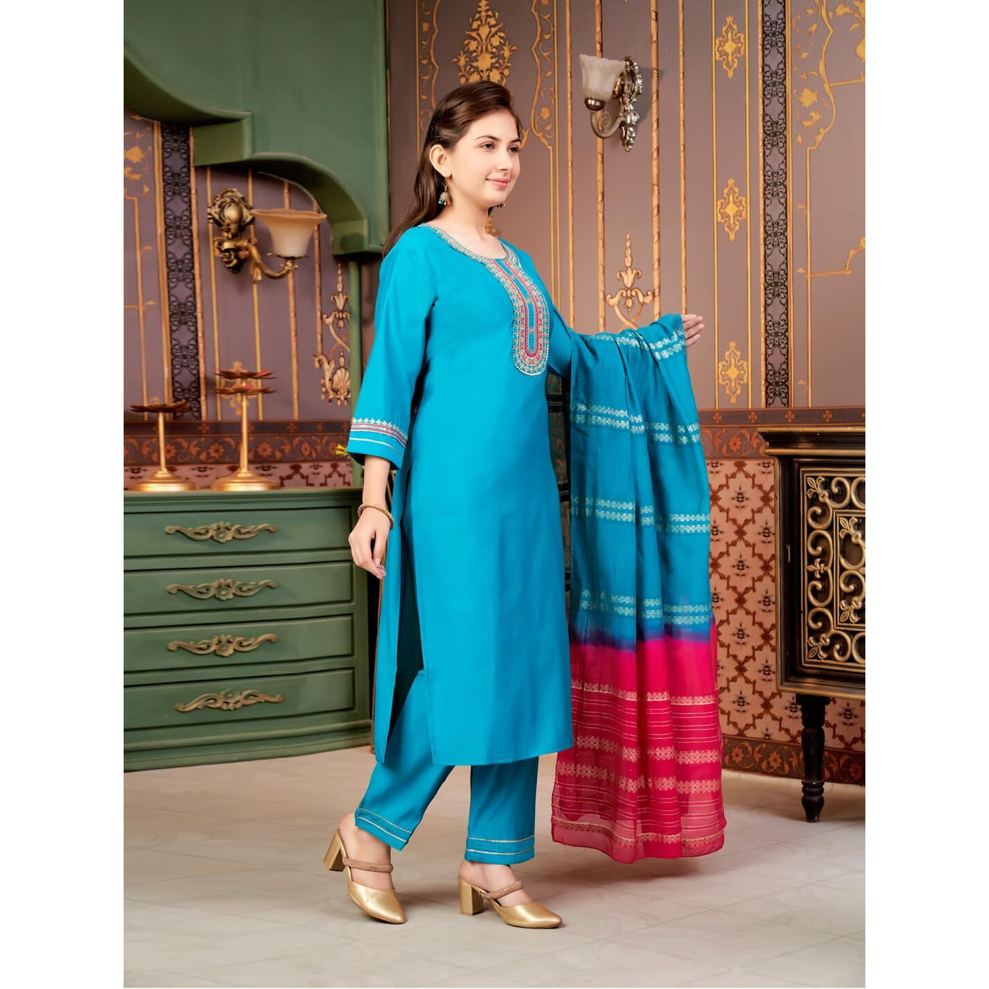 Aarika Girls Ethnic Wear Turqouise Colour Sequin Embroidery Silk Kurti Pant Set-10-15 Years (Kp-Sd-6001)