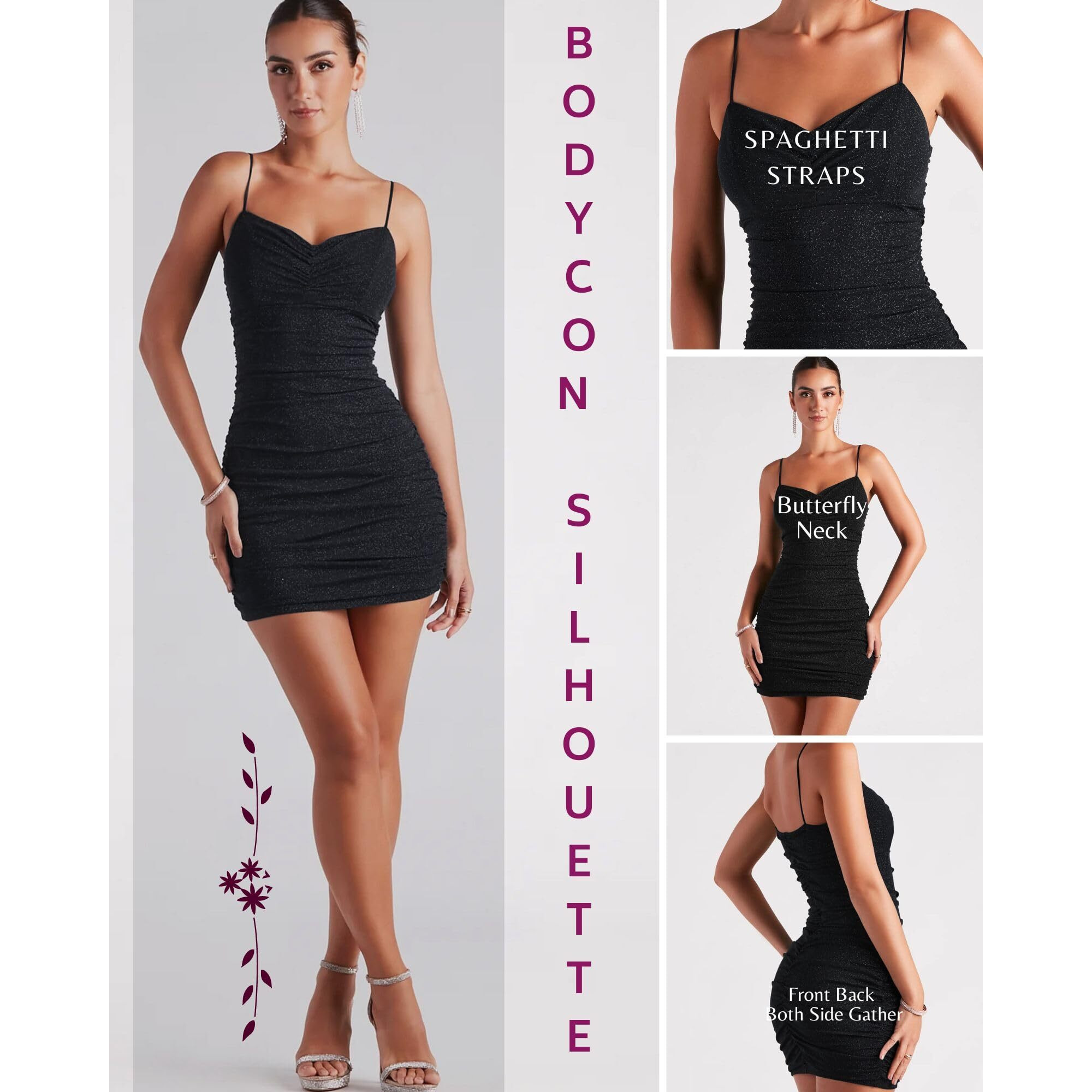Addyvero V-Neck Full Gather Shoulder Straps Sleeve Lurex Gliter Solid Mini-Length Hem Women Bodycon Dress (Black, L)
