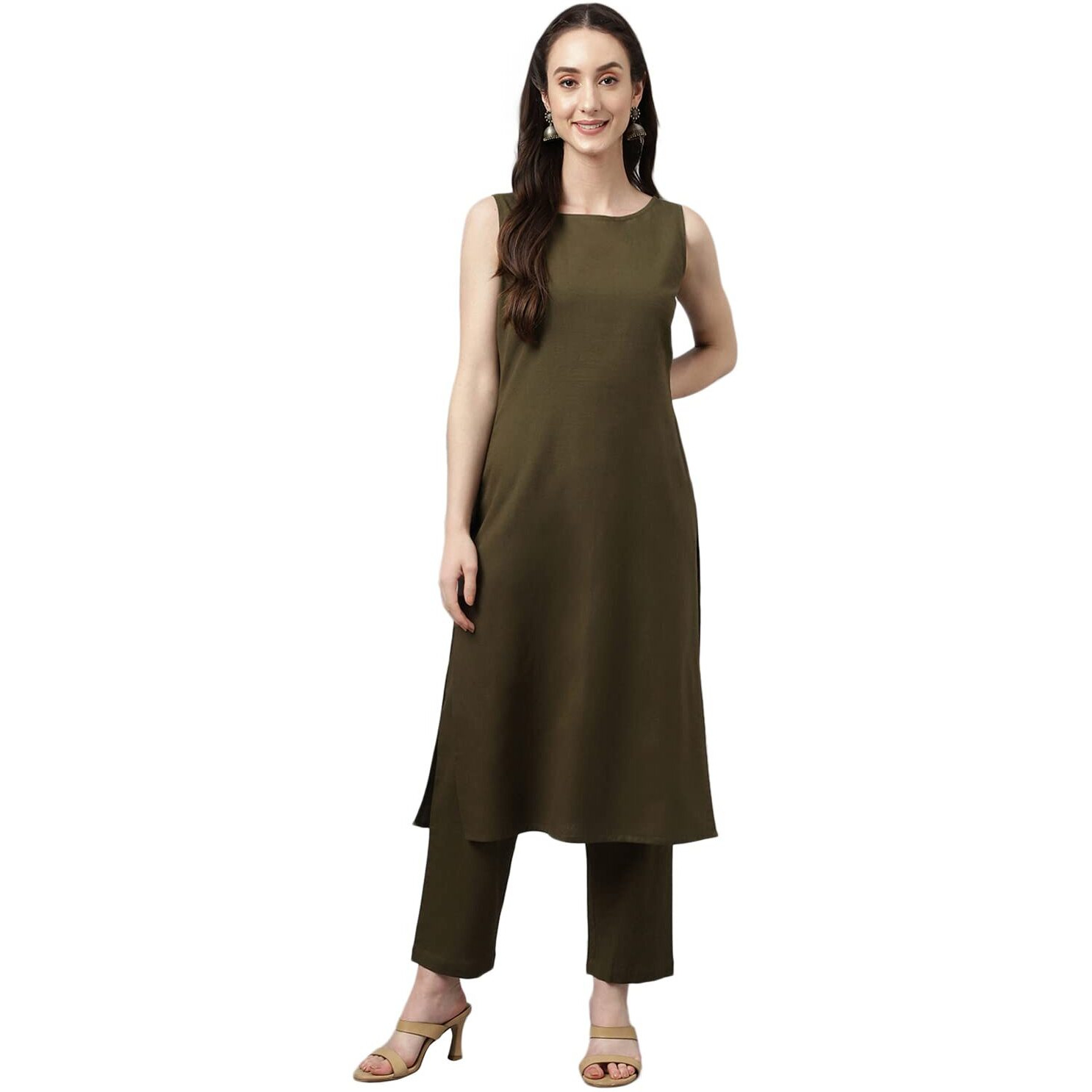 Fiorra Women's Olive Green Rayon Straight Kurta With Pant Set0077-M