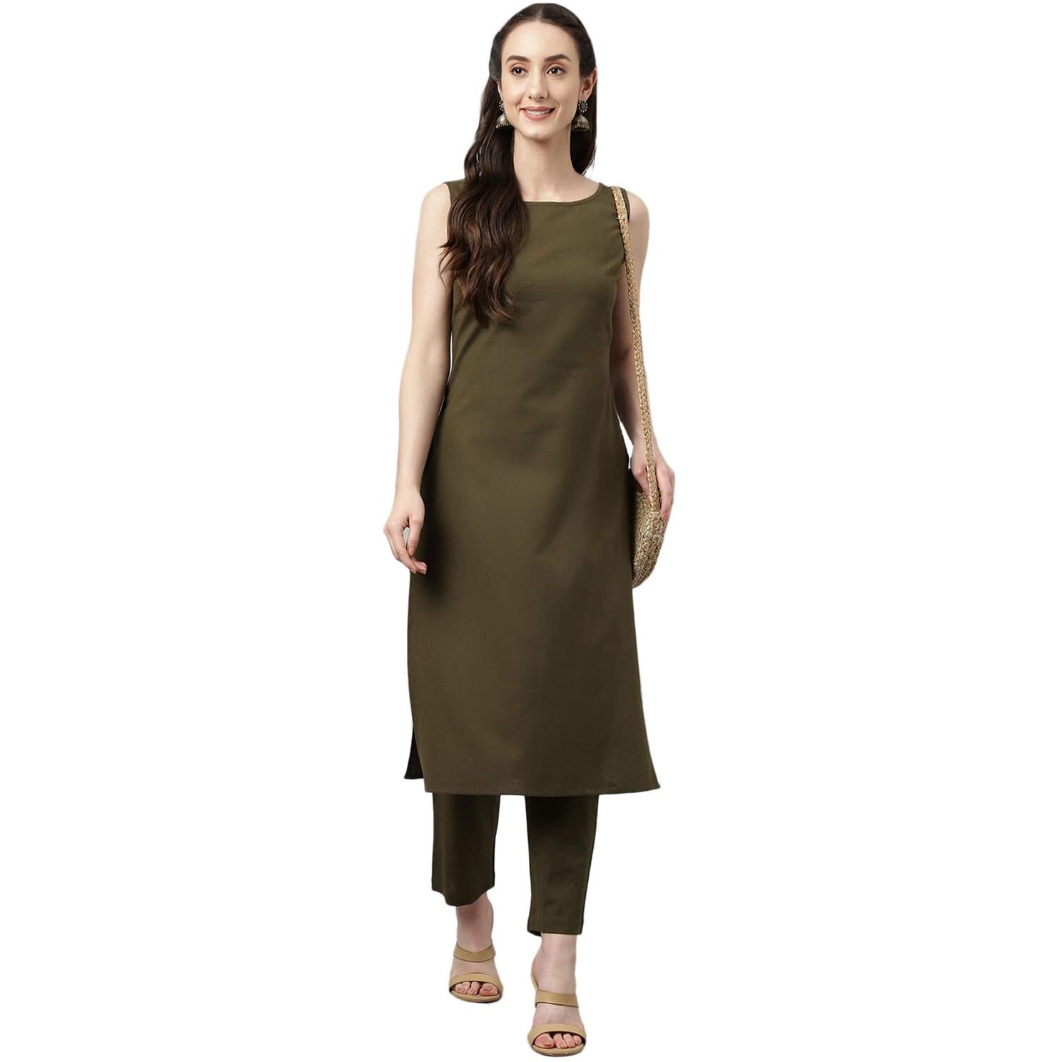 Fiorra Women's Olive Green Rayon Straight Kurta With Pant Set0077-M