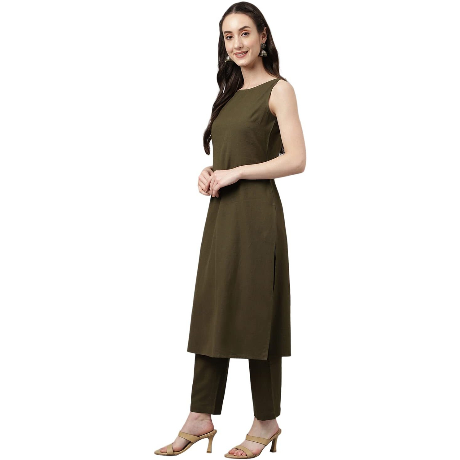 Fiorra Women's Olive Green Rayon Straight Kurta With Pant Set0077-M