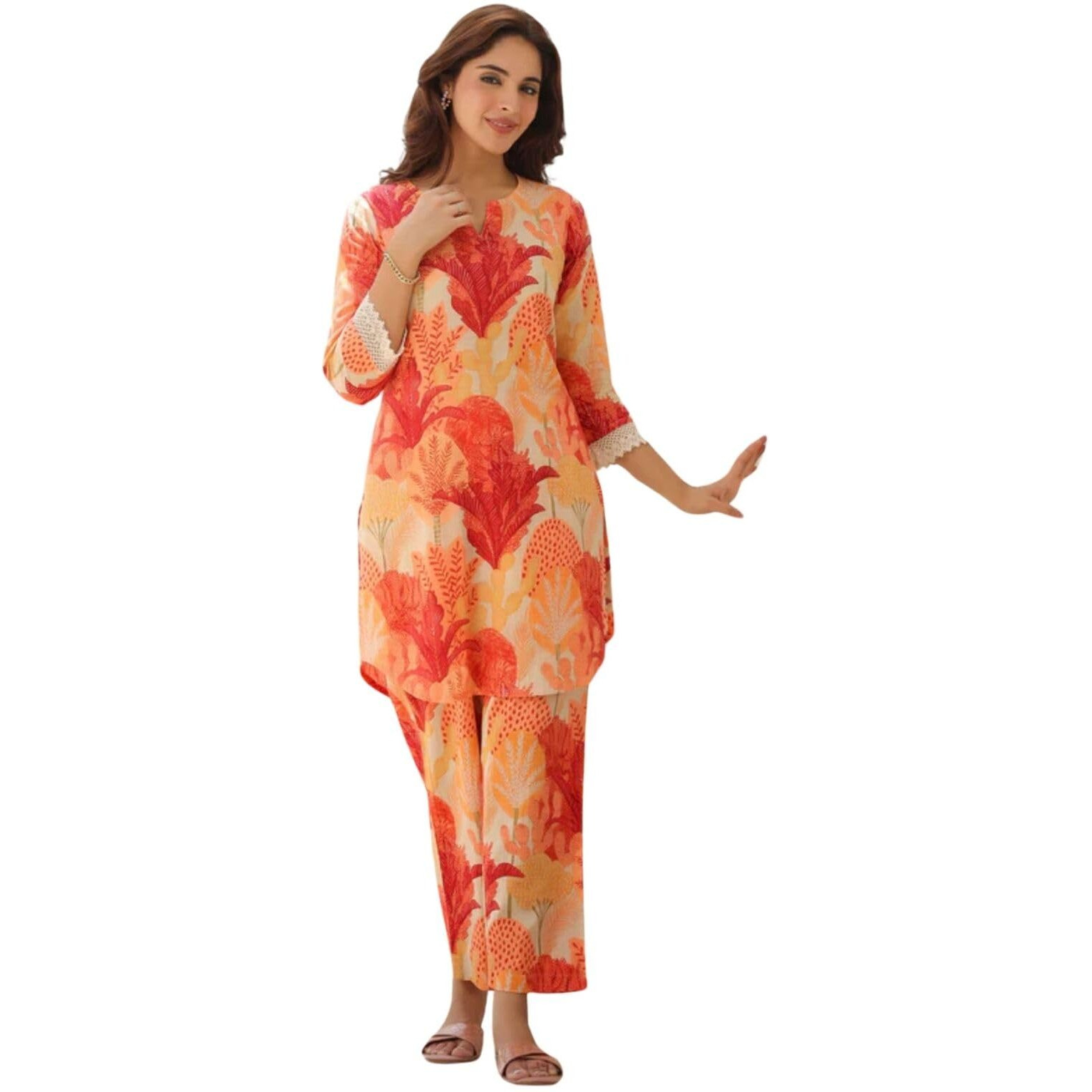 Greciilooks Ethnic Co Ord Set | Casual Wear Pant Top Set | Fancy Co-Ord Set | Full Pair Set | Women Kurta Sets Kurtis | Women Kurta Pant Set | Coord Sets For Women (In, Alpha, L, Regular, Orange)