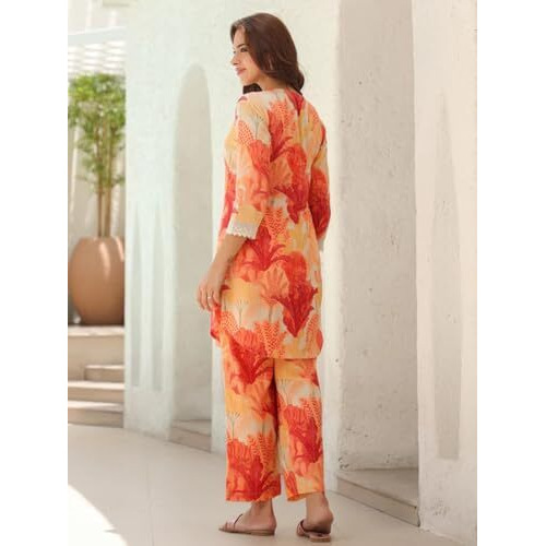 Greciilooks Ethnic Co Ord Set | Casual Wear Pant Top Set | Fancy Co-Ord Set | Full Pair Set | Women Kurta Sets Kurtis | Women Kurta Pant Set | Coord Sets For Women (In, Alpha, L, Regular, Orange)