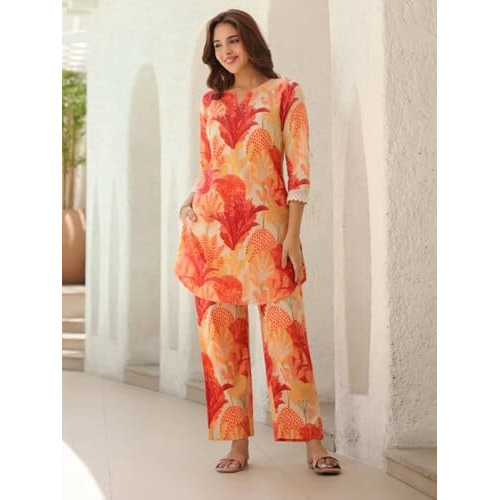 Greciilooks Ethnic Co Ord Set | Casual Wear Pant Top Set | Fancy Co-Ord Set | Full Pair Set | Women Kurta Sets Kurtis | Women Kurta Pant Set | Coord Sets For Women (In, Alpha, L, Regular, Orange)