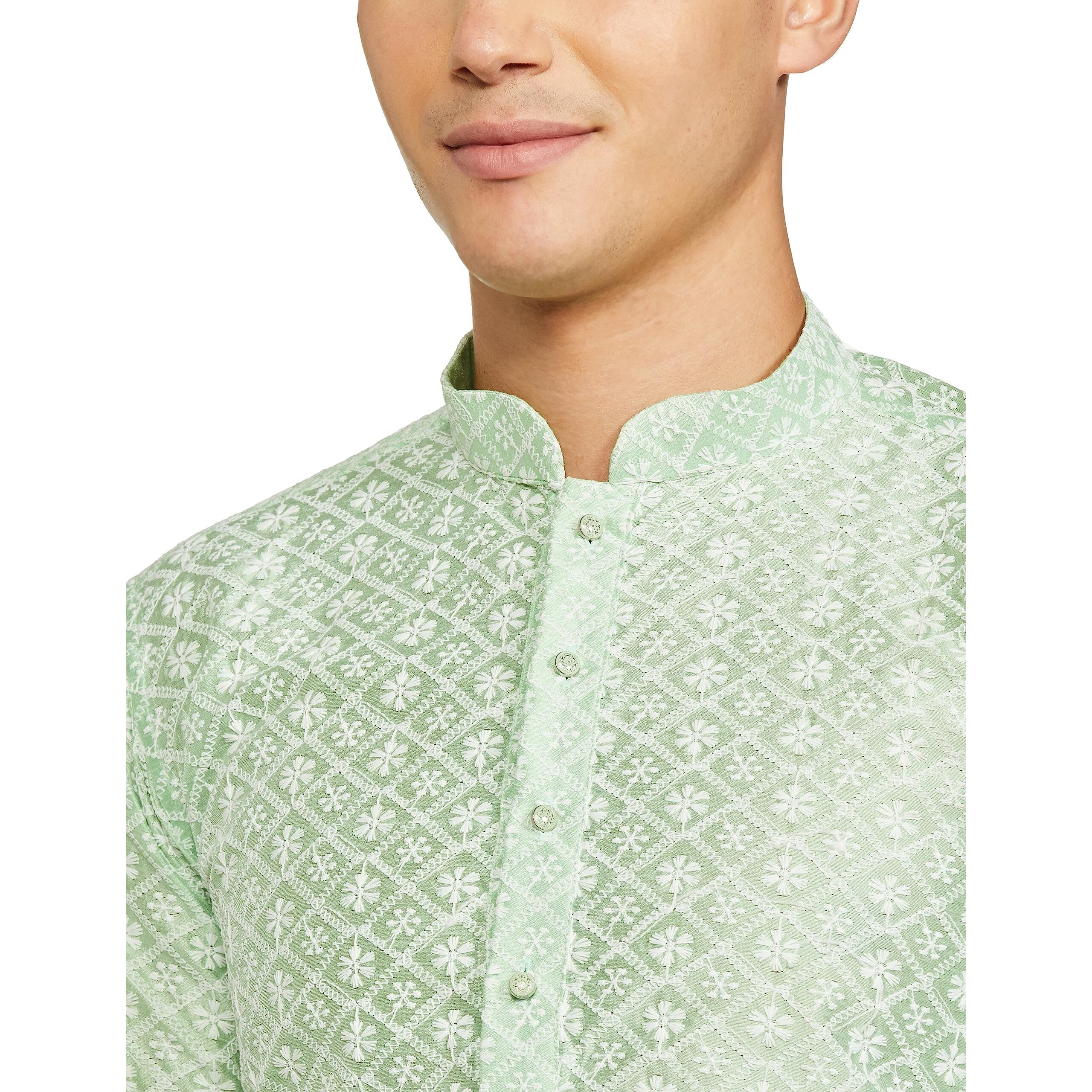 Be Active Men's Traditional Embroidered Lucknowi Full Sleeves Kurta || Cotton Kurta For Men || Men Kurta For Wedding || Kurta For Men (Rfsk0013-Kr 15 S) Light Green