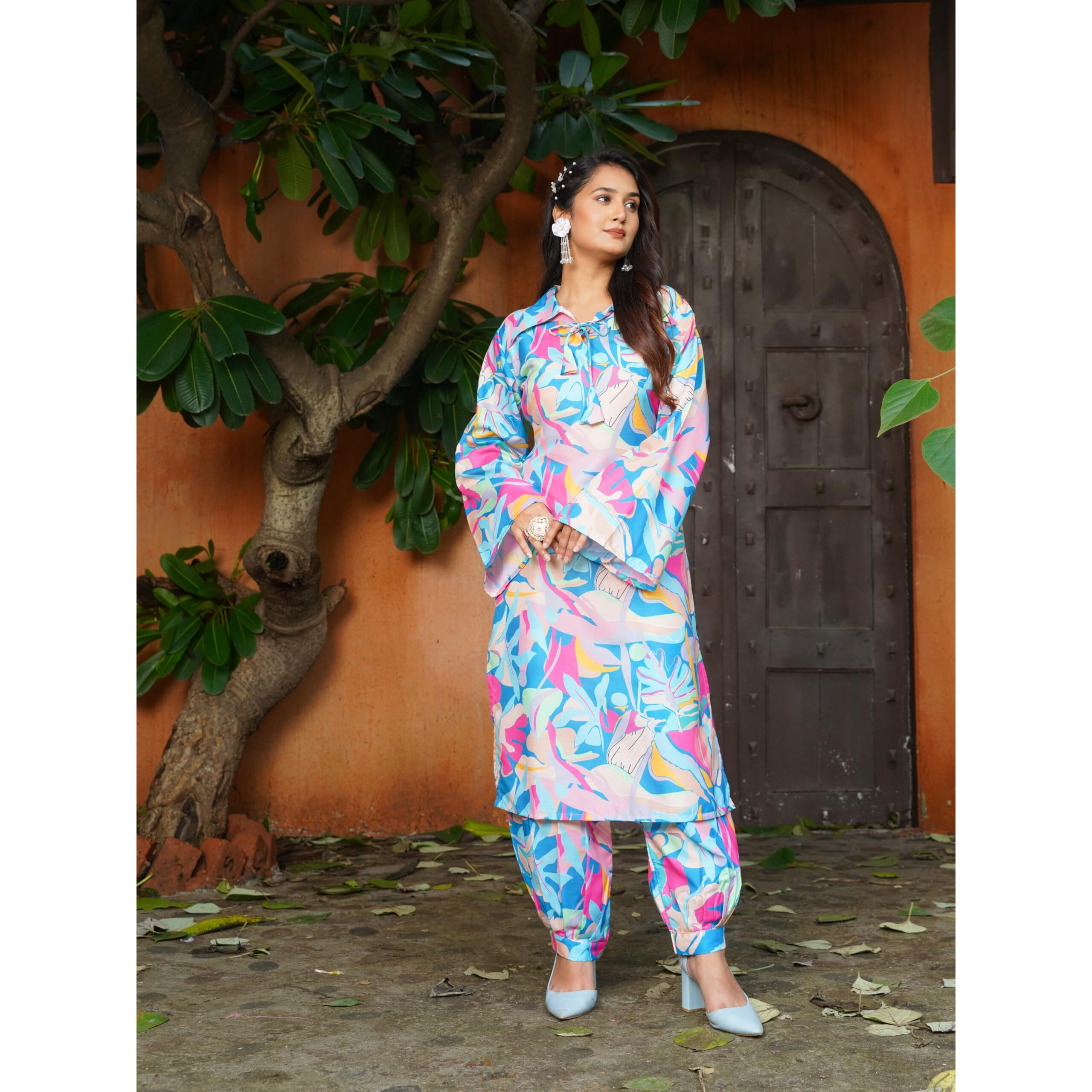 Gufrina Elegant Women's Floral Printed Kurta Pant Set | V-Neck, 3/4 Sleeve Cotton Ensemble (Sky Blue Xl)