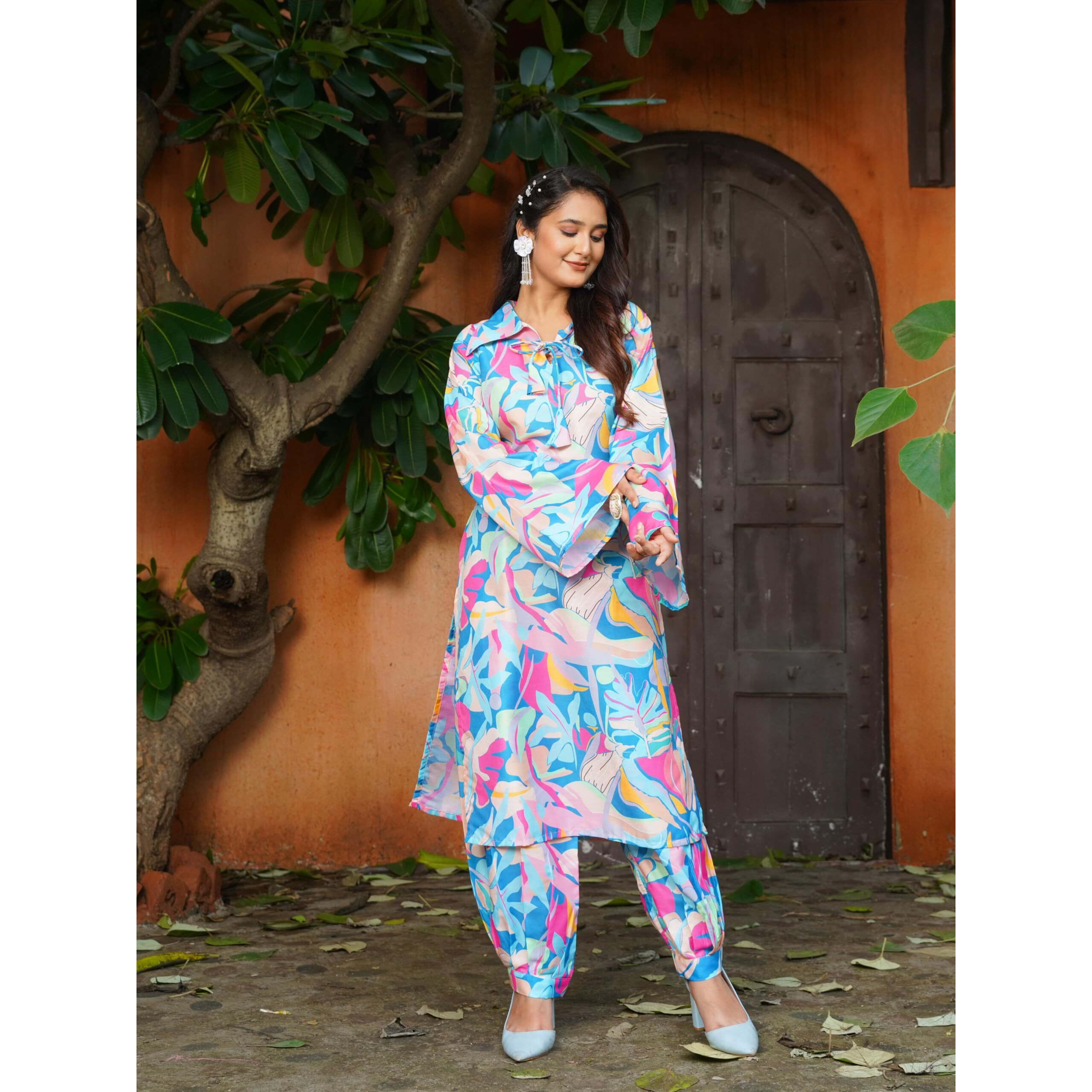 Gufrina Elegant Women's Floral Printed Kurta Pant Set | V-Neck, 3/4 Sleeve Cotton Ensemble (Sky Blue Xl)