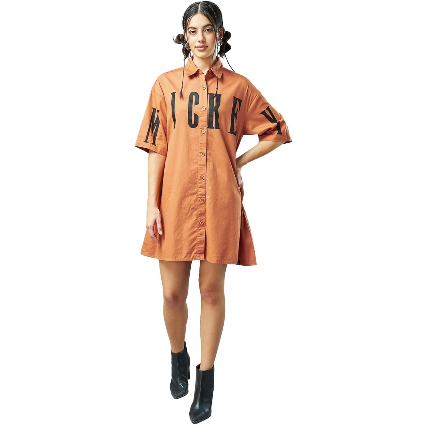 Bewakoof Official Disney Merchandise Women's Graphic Printed Oversized Fit Half Sleeve Collared Cotton Twill Shirt Dress 603368 Orange M