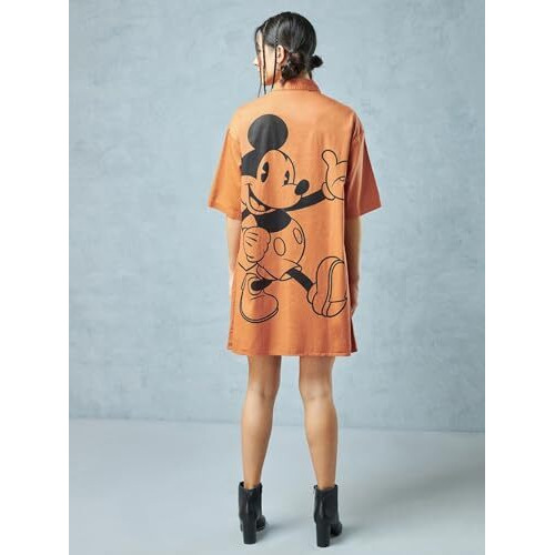Bewakoof Official Disney Merchandise Women's Graphic Printed Oversized Fit Half Sleeve Collared Cotton Twill Shirt Dress 603368 Orange M