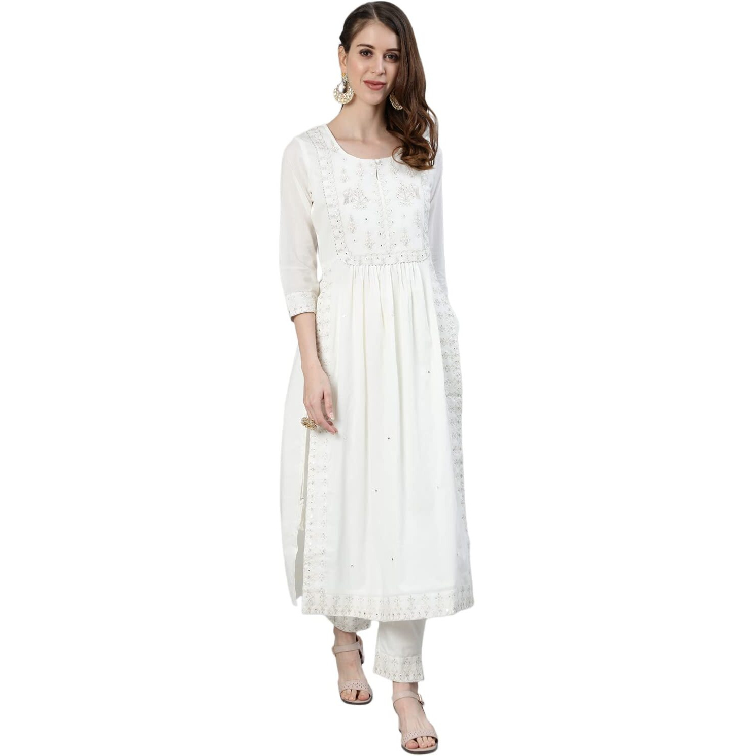 Ishin Women's Off White Zari Embroidered High Slit Kurta Set With Trouser