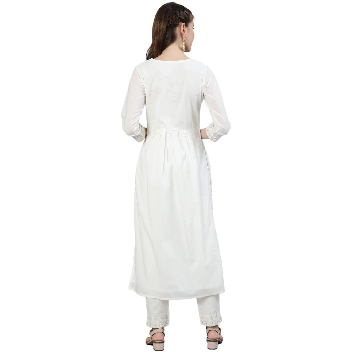 Ishin Women's Off White Zari Embroidered High Slit Kurta Set With Trouser