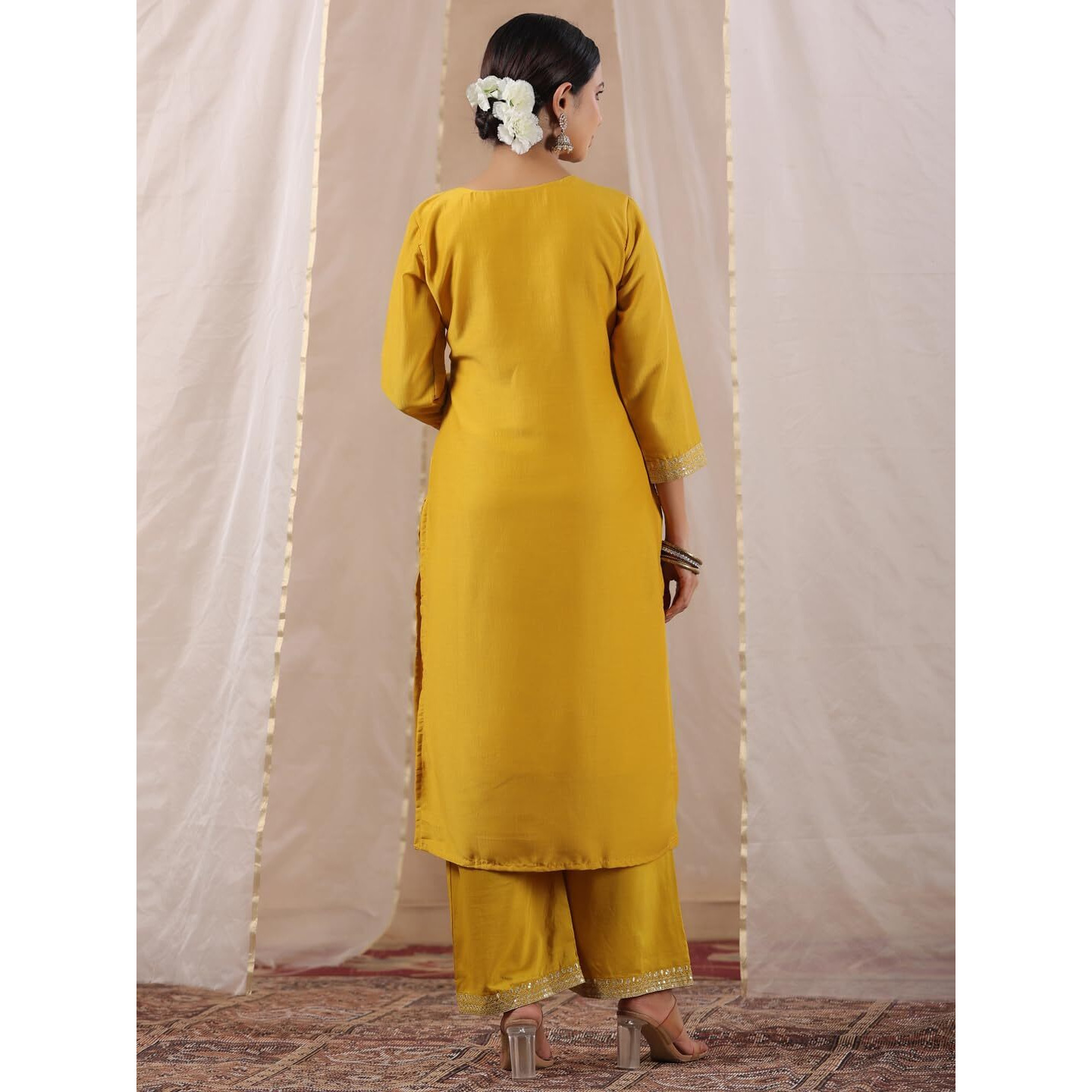 Ishin Women's Mustard Zari Work Ethnic Motifs Poly Silk Straight Kurta