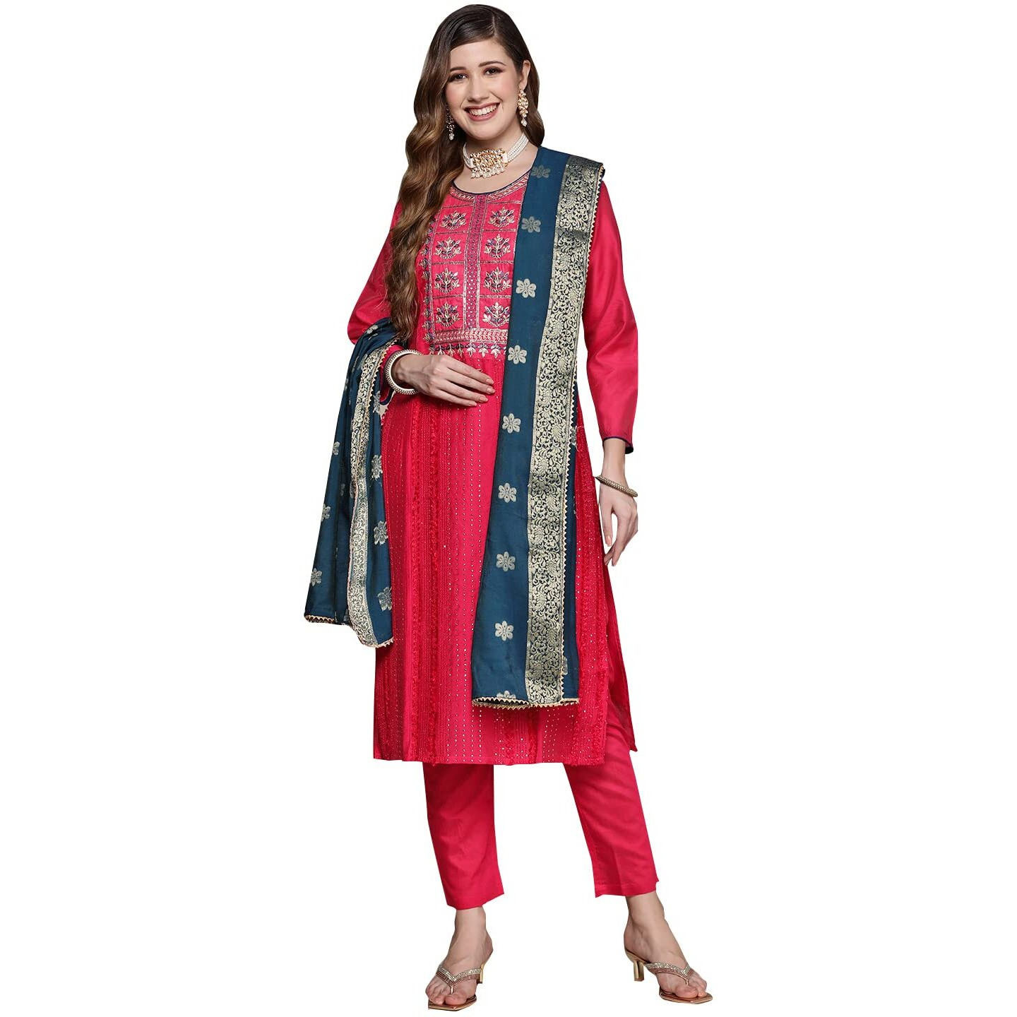 Ishin Women's Pink Embroidered A-Line Kurta Set With Trouser And Dupatta