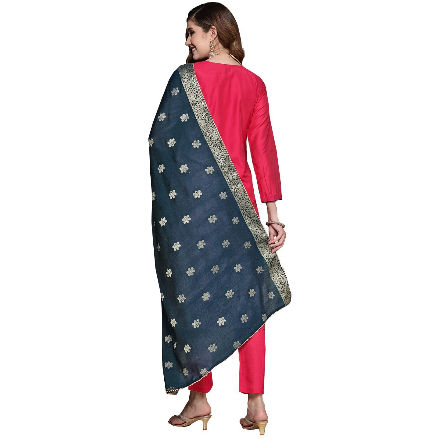 Ishin Women's Pink Embroidered A-Line Kurta Set With Trouser And Dupatta