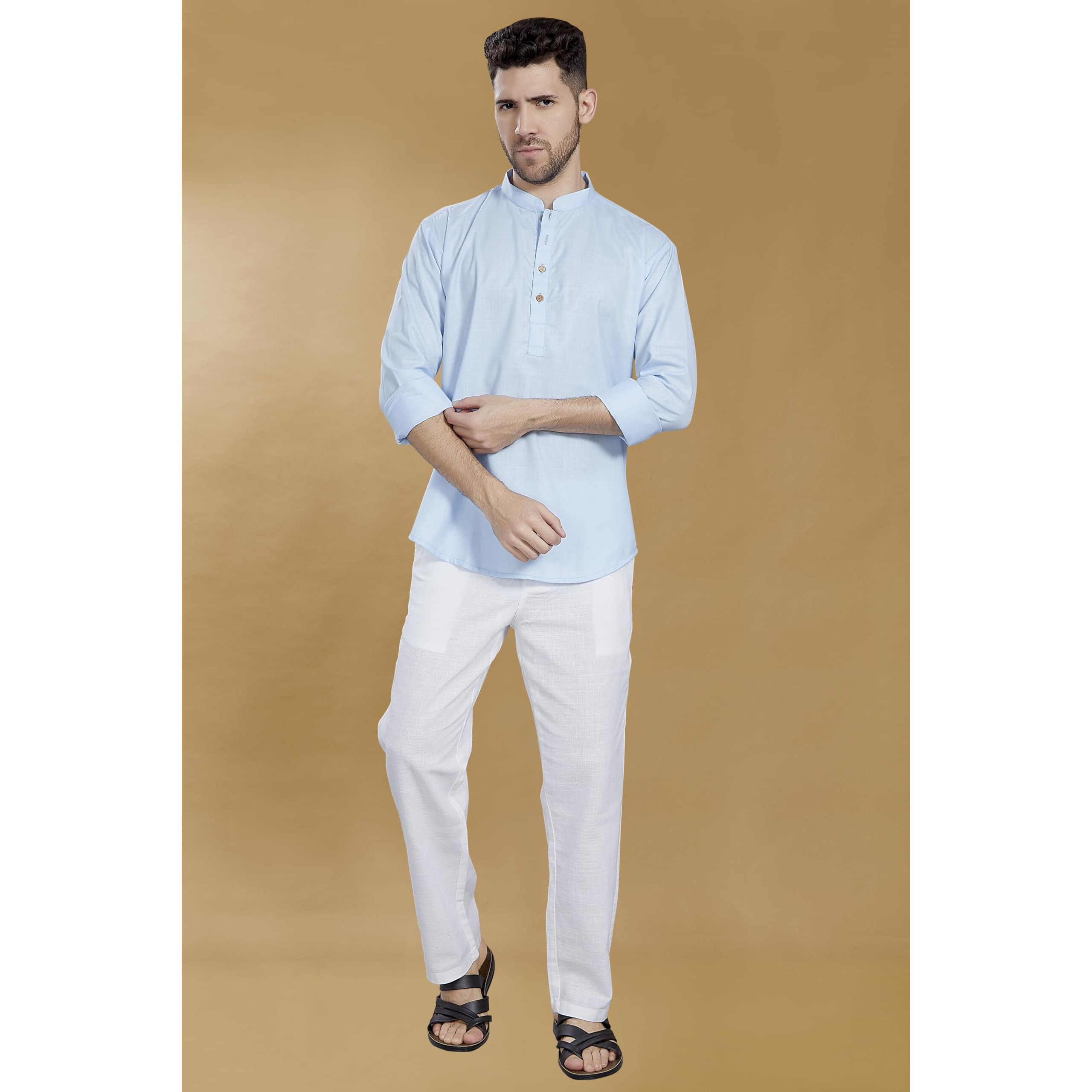 Divisive Men's Cotton Relaxed Fit Short Kurta (Dkrt846_S_Sky)