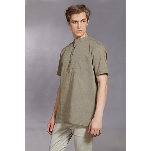 Divisive Men's Pure Cotton Handloom Half Sleeves Ethnic Casual Short Kurta (Dkrt482_Xxxl_Stone Grey)