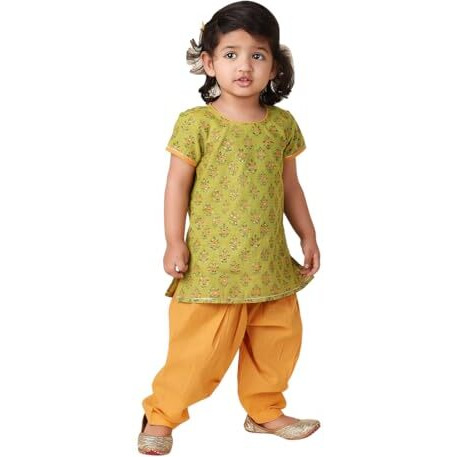 Fabindia Girl's Cotton Floral Print Regular Fit Kurta Set (1030930Lime_Green & Yellow