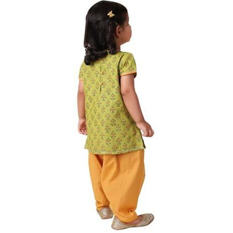 Fabindia Girl's Cotton Floral Print Regular Fit Kurta Set (1030930Lime_Green & Yellow