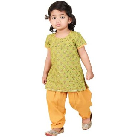 Fabindia Girl's Cotton Floral Print Regular Fit Kurta Set (1030930Lime_Green & Yellow