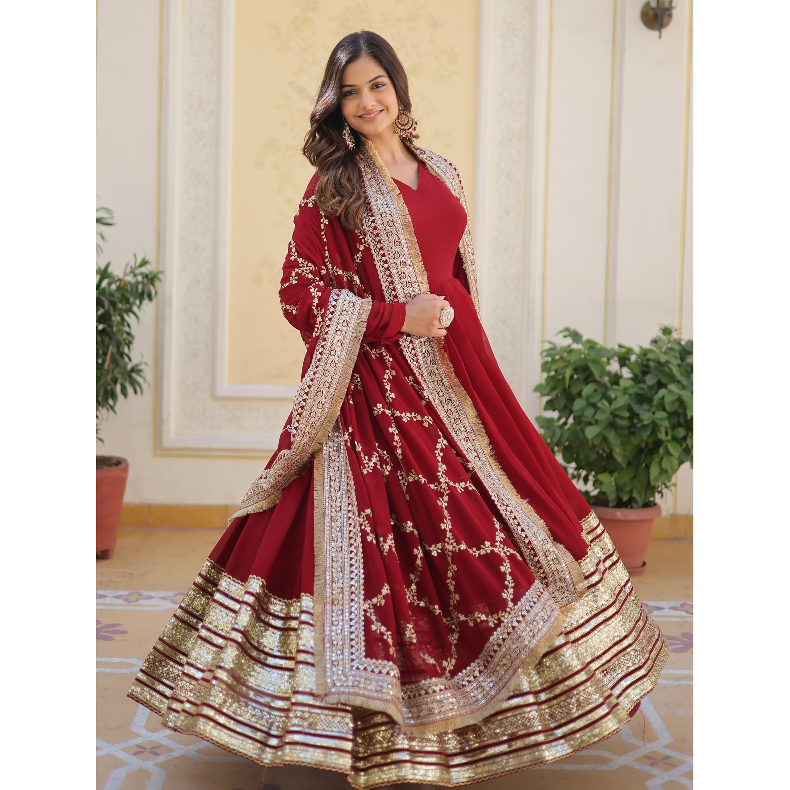 Fashion Basket Georgette Solid Anarkali Dress For Women Maroon